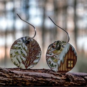 Winter theme earrings up cycled from a cookie tin